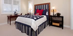 upholstered headboard, tailored bed skirt, bed shams